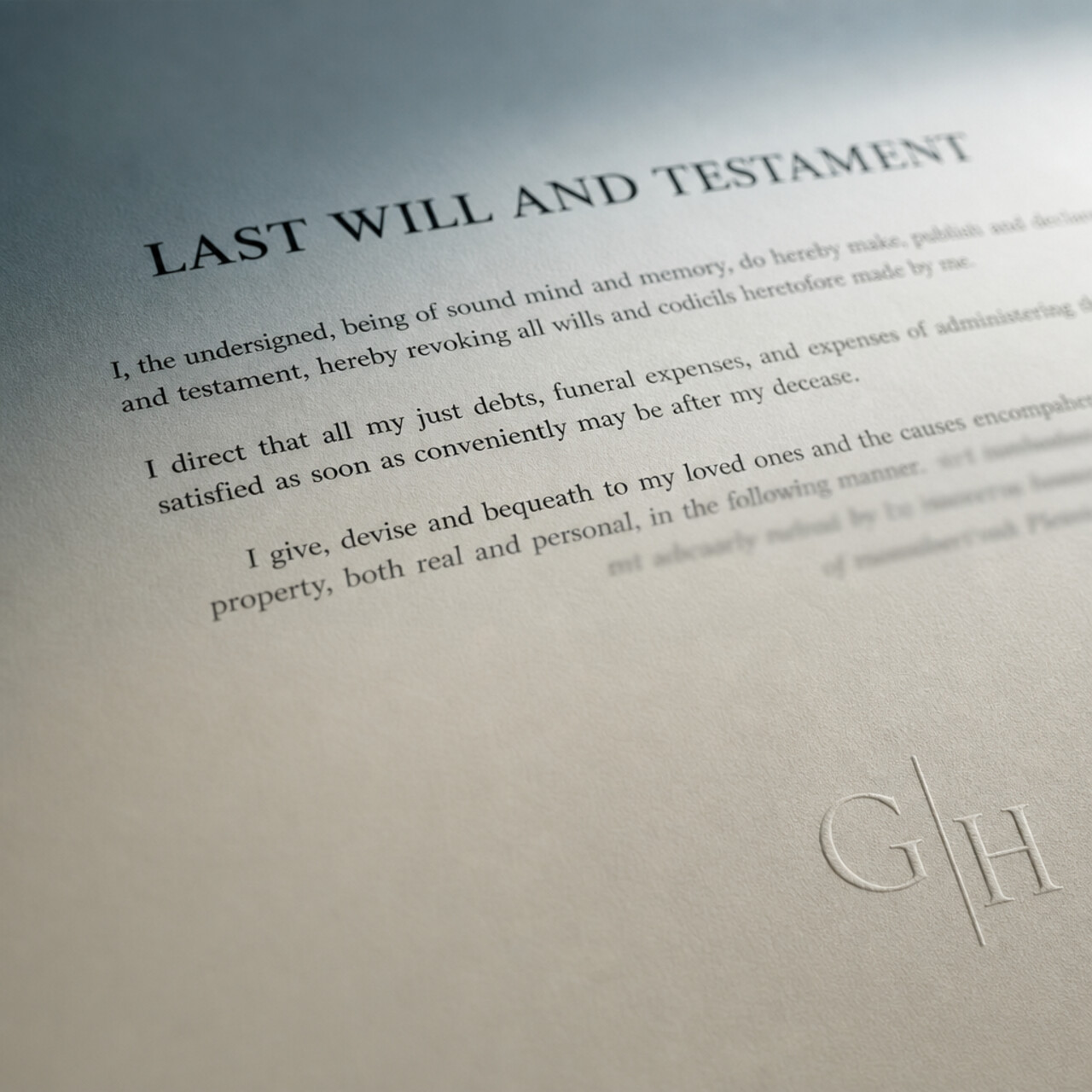 A printed Last Will and Testament document on cream paper with a steel-blue light wash and a debossed Garner and Hancock monogram